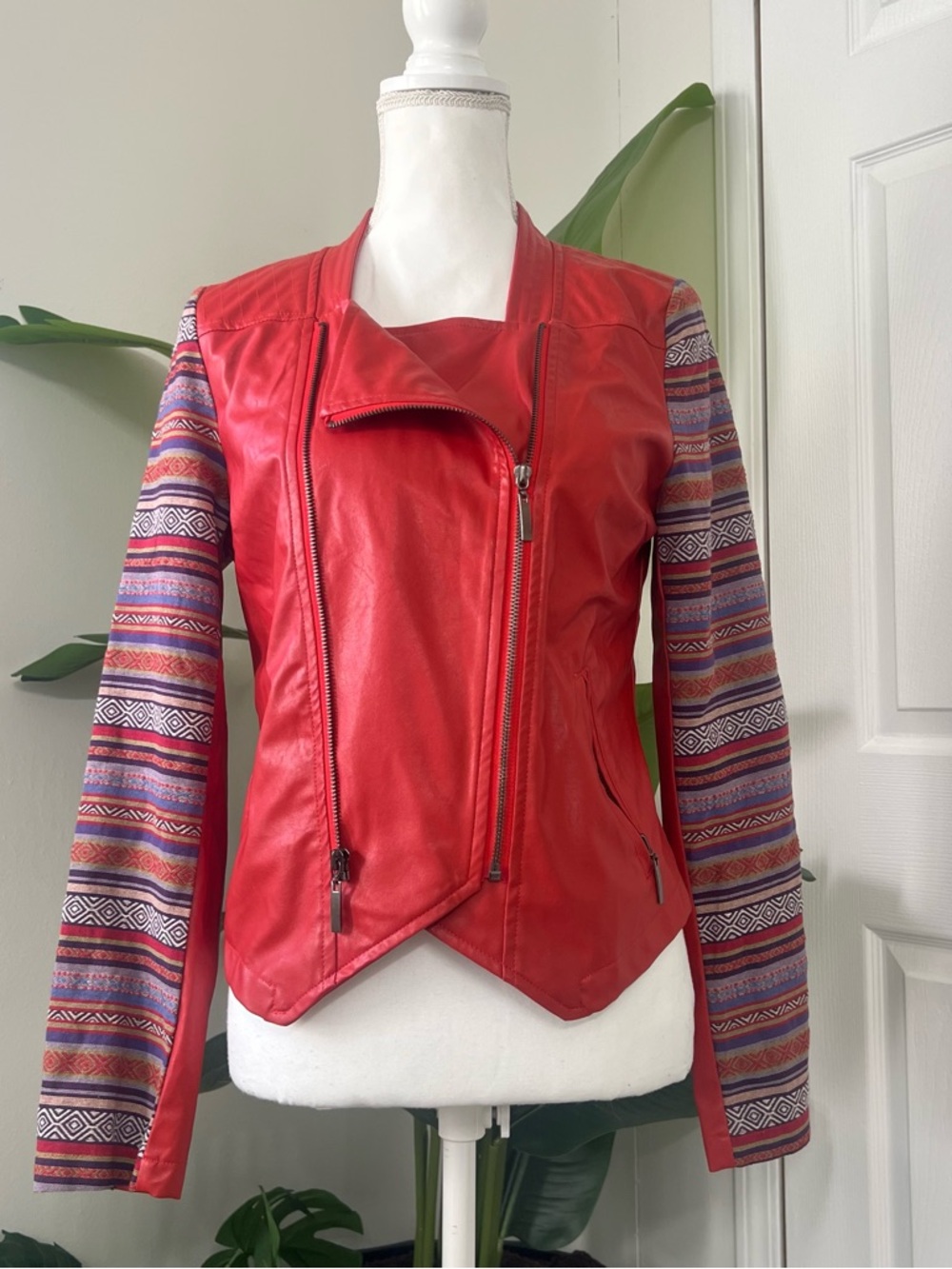 West 36th Vintage Red Faux Leather Jacket with Patterned Sleeves